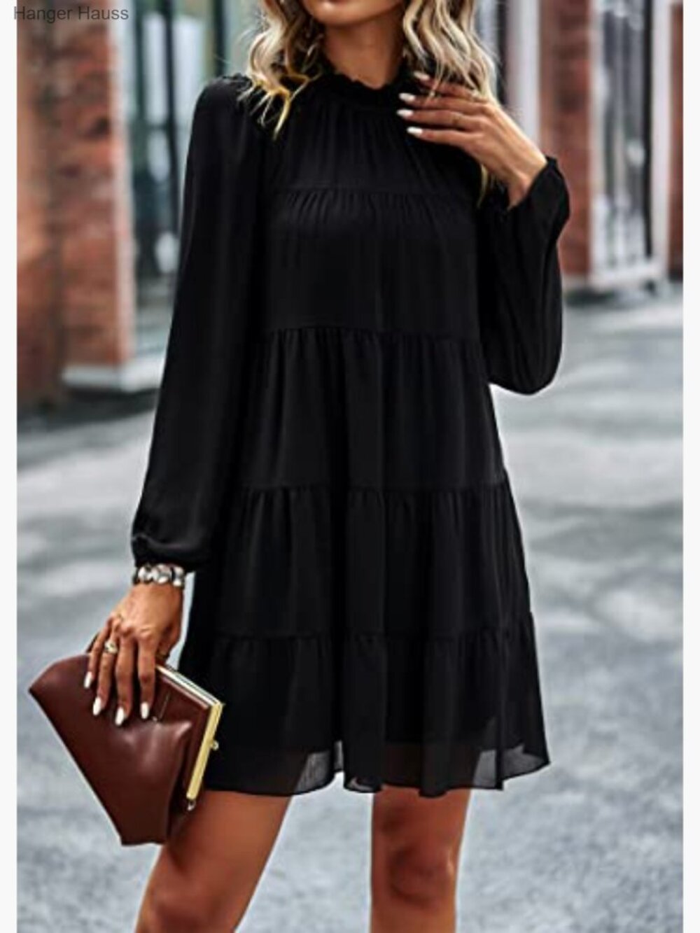 Long Sleeve Babydoll Dress Ruffle Mock Neck Tiered Mini Swing Shift Dress Loose - Picture 3 of 7